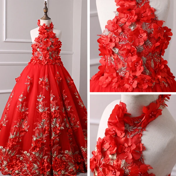 Chic / Beautiful Red Flower Girl Dresses 2019 A-Line / Princess Halter Sleeveless Appliques Flower Pearl Floor-Length / Long Ruffle Backless Wedding Party Dresses