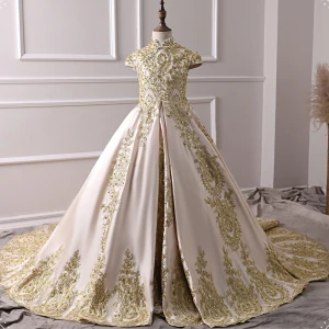 Vintage Retro Champagne Satin Flower Girl Dresses 2019 A Line Princess High Neck Cap Sleeves Appliques Lace Rhinestone Court Train Ruffle Wedding Party Dresses