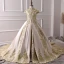 Vintage / Retro Champagne Satin Flower Girl Dresses 2019 A-Line / Princess High Neck Cap Sleeves Appliques Lace Rhinestone Court Train Ruffle Wedding Party Dresses