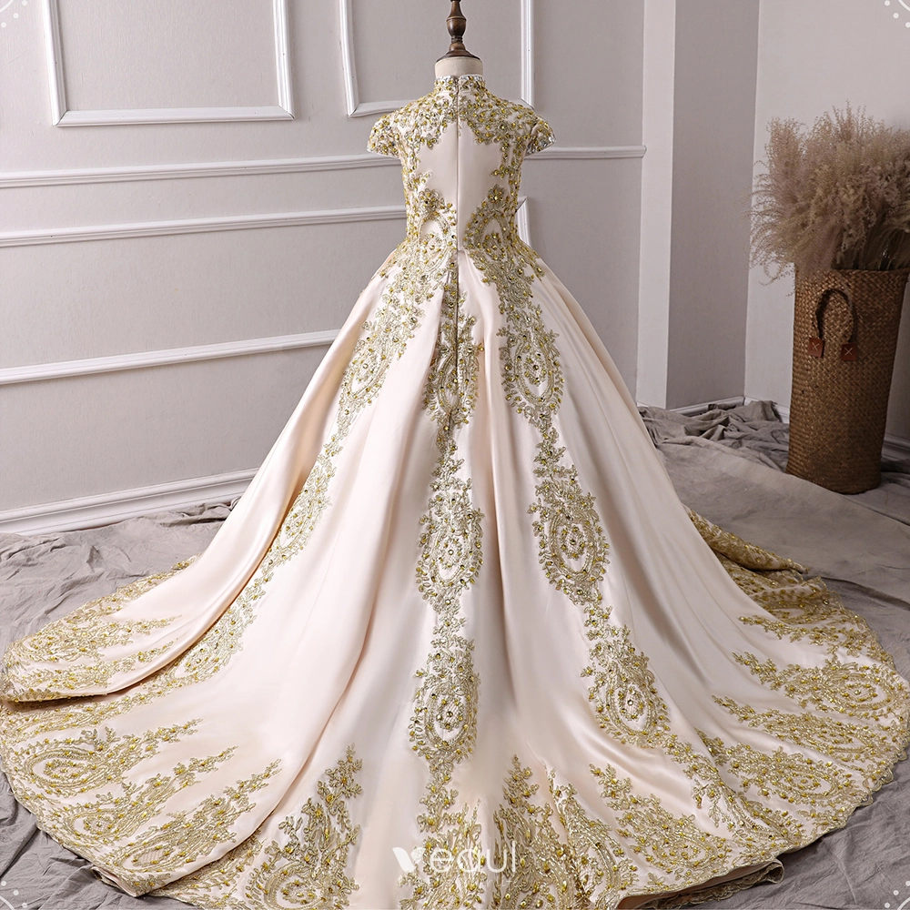 Vintage Retro Champagne Satin Flower Girl Dresses 2019 A Line Princess High Neck Cap Sleeves Appliques Lace Rhinestone Court Train Ruffle Wedding Party Dresses