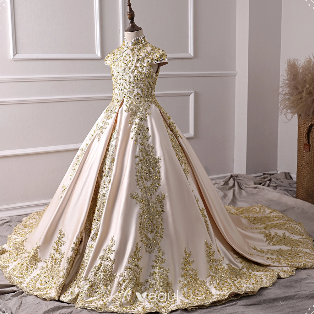 Vintage Retro Champagne Satin Flower Girl Dresses 2019 A Line Princess High Neck Cap Sleeves Appliques Lace Rhinestone Court Train Ruffle Wedding Party Dresses