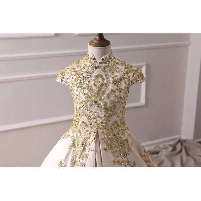 Vintage Retro Champagne Satin Flower Girl Dresses 2019 A Line Princess High Neck Cap Sleeves Appliques Lace Rhinestone Court Train Ruffle Wedding Party Dresses