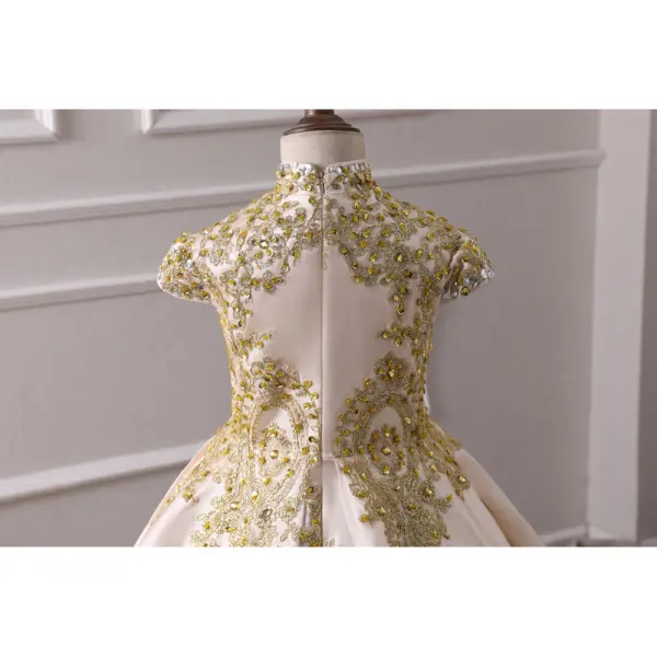 Vintage / Retro Champagne Satin Flower Girl Dresses 2019 A-Line / Princess High Neck Cap Sleeves Appliques Lace Rhinestone Court Train Ruffle Wedding Party Dresses