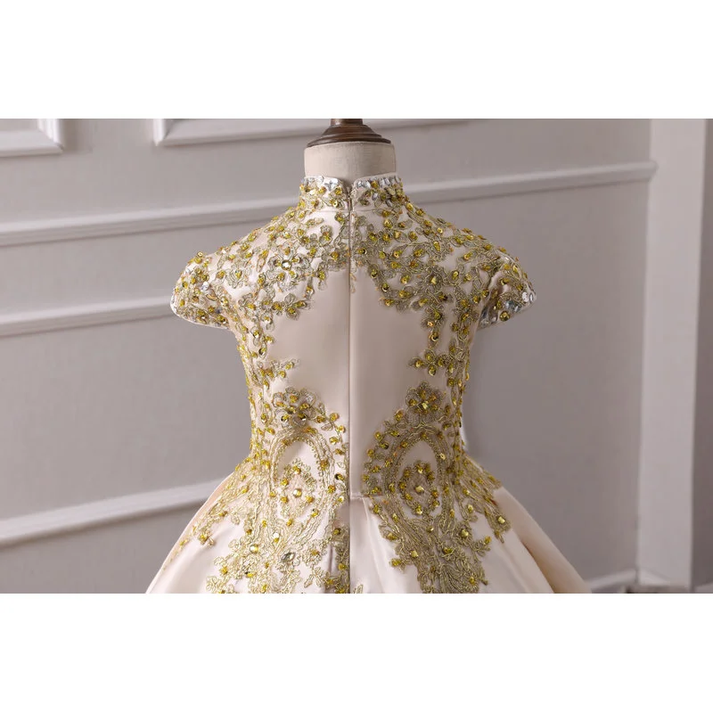 Vintage Retro Champagne Satin Flower Girl Dresses 2019 A Line Princess High Neck Cap Sleeves Appliques