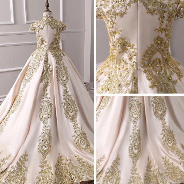 Vintage / Retro Champagne Satin Flower Girl Dresses 2019 A-Line / Princess High Neck Cap Sleeves Appliques Lace Rhinestone Court Train Ruffle Wedding Party Dresses
