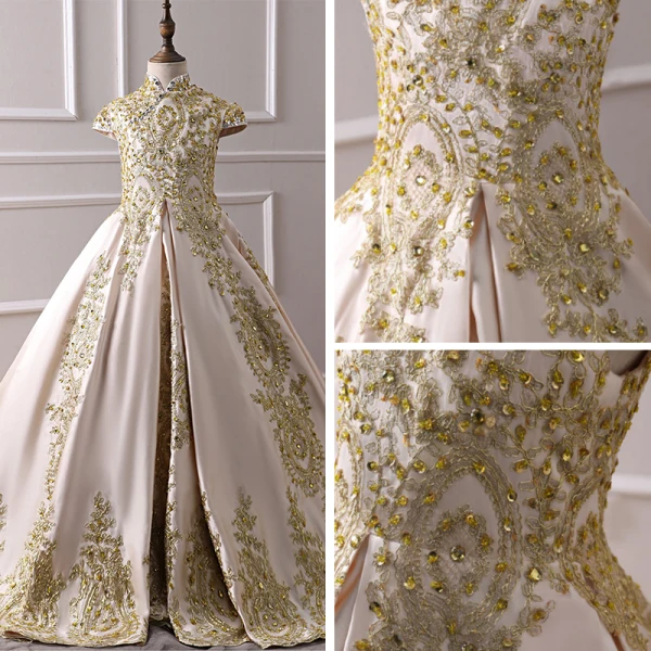 Vintage / Retro Champagne Satin Flower Girl Dresses 2019 A-Line / Princess High Neck Cap Sleeves Appliques Lace Rhinestone Court Train Ruffle Wedding Party Dresses