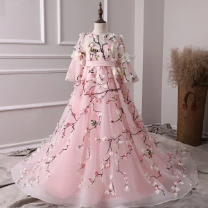 Fée Des Fleurs Rose Bonbon Transparentes Robe Ceremonie Fille 2019 Princesse Encolure Dégagée Manches De Cloche Ceinture Brodé Appliques Fleur Train De Balayage Volants Robe Pour Mariage