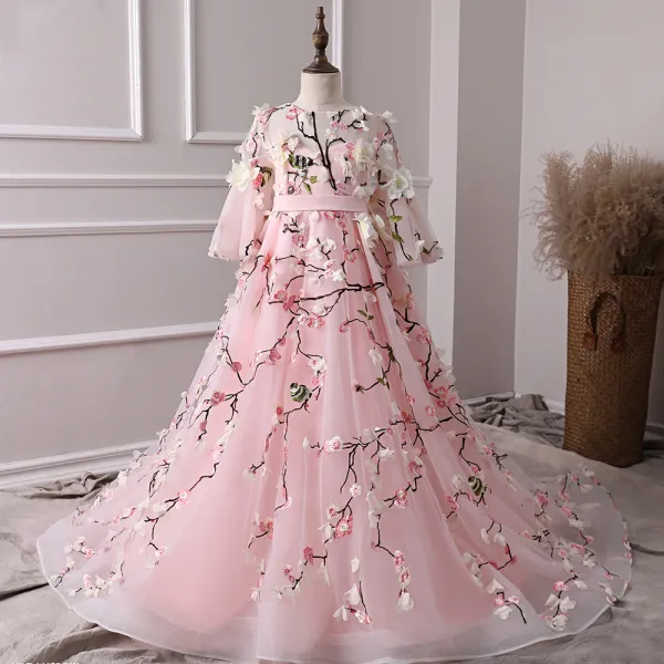 Flower Fairy Candy Pink See-through Flower Girl Dresses 2019 A-Line / Princess Scoop Neck Bell sleeves Sash Embroidered Appliques Flower Sweep Train Ruffle Wedding Party Dresses