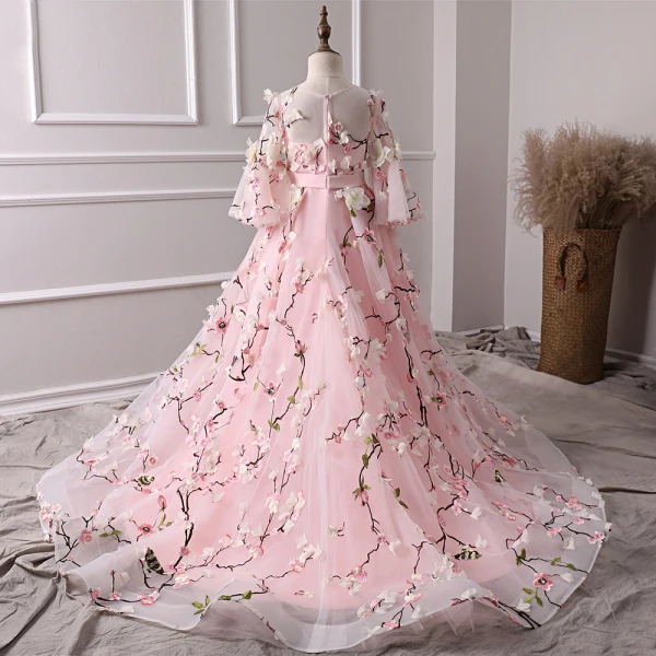 Flower Fairy Candy Pink See-through Flower Girl Dresses 2019 A-Line / Princess Scoop Neck Bell sleeves Sash Embroidered Appliques Flower Sweep Train Ruffle Wedding Party Dresses