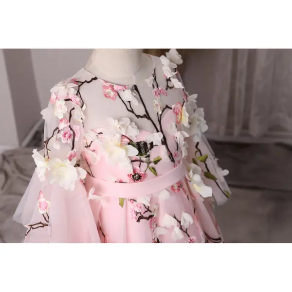 Flower Fairy Candy Pink See-through Flower Girl Dresses 2019 A-Line / Princess Scoop Neck Bell sleeves Sash Embroidered Appliques Flower Sweep Train Ruffle Wedding Party Dresses