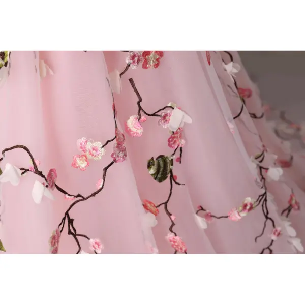 Flower Fairy Candy Pink See-through Flower Girl Dresses 2019 A-Line / Princess Scoop Neck Bell sleeves Sash Embroidered Appliques Flower Sweep Train Ruffle Wedding Party Dresses