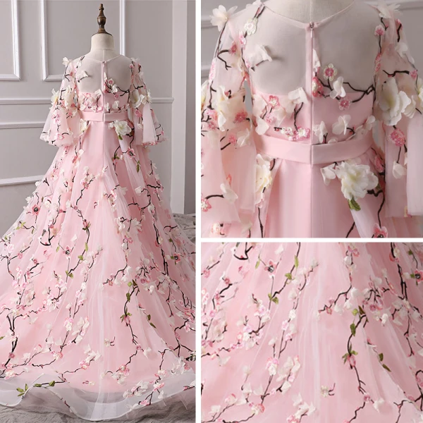Flower Fairy Candy Pink See-through Flower Girl Dresses 2019 A-Line / Princess Scoop Neck Bell sleeves Sash Embroidered Appliques Flower Sweep Train Ruffle Wedding Party Dresses
