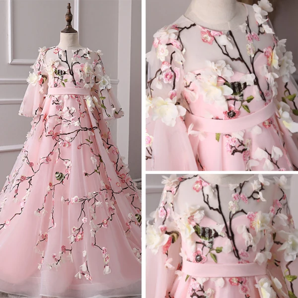 Flower Fairy Candy Pink See-through Flower Girl Dresses 2019 A-Line / Princess Scoop Neck Bell sleeves Sash Embroidered Appliques Flower Sweep Train Ruffle Wedding Party Dresses