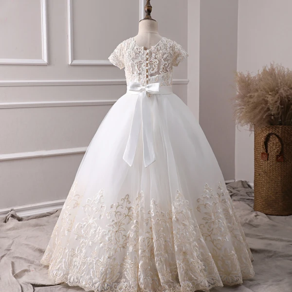 Classy Ivory Flower Girl Dresses 2019 A-Line / Princess Scoop Neck Short Sleeve Pearl Covered Button Appliques Lace Beading Rhinestone Sash Floor-Length / Long Ruffle Wedding Party Dresses