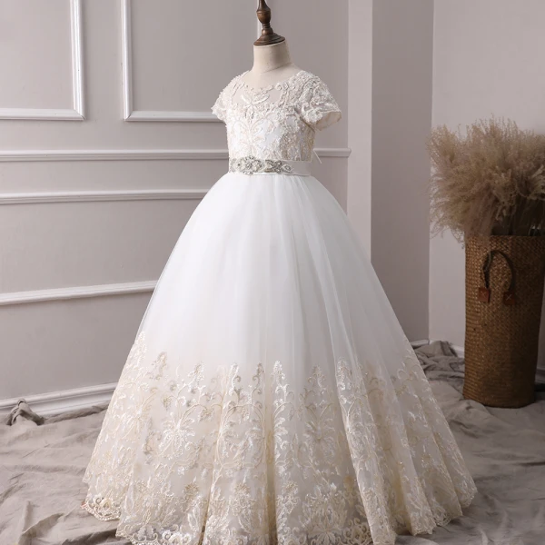 Classy Ivory Flower Girl Dresses 2019 A-Line / Princess Scoop Neck Short Sleeve Pearl Covered Button Appliques Lace Beading Rhinestone Sash Floor-