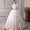 Classy Ivory Flower Girl Dresses 2019 A-Line / Princess Scoop Neck Short Sleeve Pearl Covered Button Appliques Lace Beading Rhinestone Sash Floor-Length / Long Ruffle Wedding Party Dresses