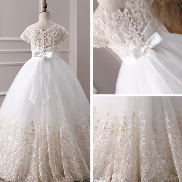 Classy Ivory Flower Girl Dresses 2019 A-Line / Princess Scoop Neck Short Sleeve Pearl Covered Button Appliques Lace Beading Rhinestone Sash Floor-Length / Long Ruffle Wedding Party Dresses
