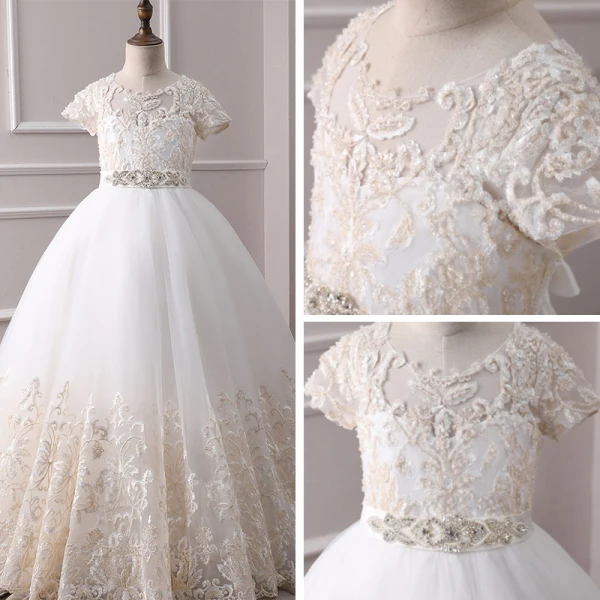 Classy Ivory Flower Girl Dresses 2019 A-Line / Princess Scoop Neck Short Sleeve Pearl Covered Button Appliques Lace Beading Rhinestone Sash Floor-Length / Long Ruffle Wedding Party Dresses