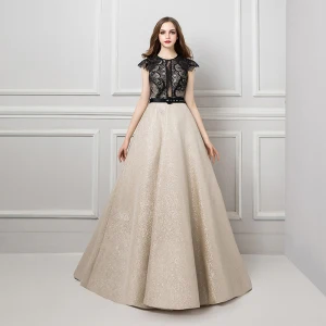 Illusie Champagne Doorzichtige Kanten Avondjurken 2019 A Lijn Ronde Hals Mouwloos Gordel Glans Kralen Rhinestone Sweep Trein Ruche Gelegenheid Jurken