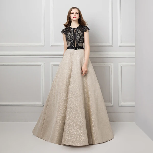 Illusion Champagne Transparentes Dentelle Robe De Soirée 2019 Princesse Encolure Dégagée Sans Manches Ceinture Glitter Perlage Faux Diamant Train De Balayage Volants Robe De Ceremonie