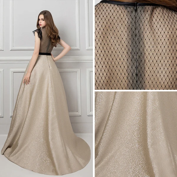 Illusion Champagne Transparentes Dentelle Robe De Soirée 2019 Princesse Encolure Dégagée Sans Manches Ceinture Glitter Perlage Faux Diamant Train De Balayage Volants Robe De Ceremonie