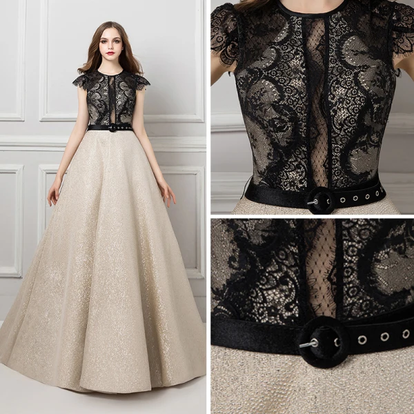 Illusion Champagne Transparentes Dentelle Robe De Soirée 2019 Princesse Encolure Dégagée Sans Manches Ceinture Glitter Perlage Faux Diamant Train De Balayage Volants Robe De Ceremonie