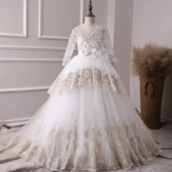 Chic Belle Ivoire Transparentes Robe Ceremonie Fille 2019 Princesse V Cou Manches Longues Noeud Ceinture Appliques En Dentelle Robe Pour Mariage Dos Nu Train De Balayage