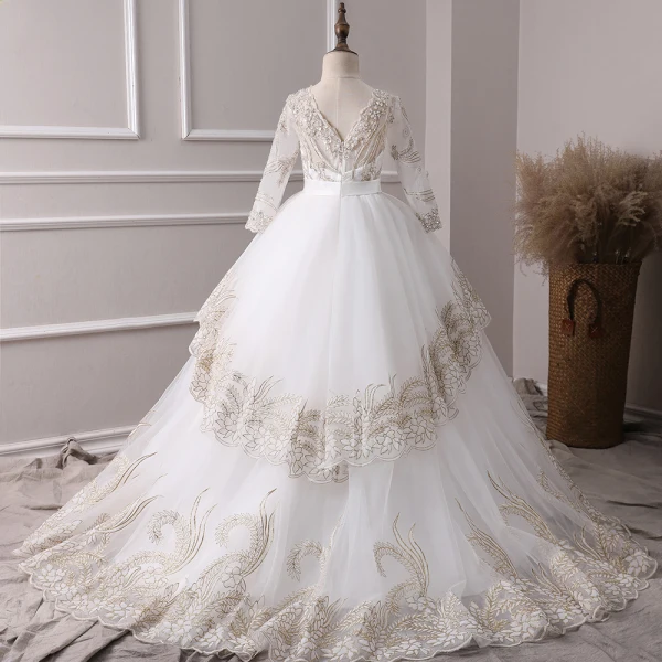 Chic / Belle Ivoire Transparentes Robe Ceremonie Fille 2019 Princesse V-Cou Manches Longues Noeud Ceinture Appliques En Dentelle Robe Pour Mariage Dos Nu Train De Balayage