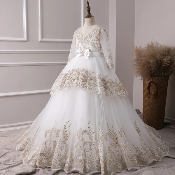 Chic / Belle Ivoire Transparentes Robe Ceremonie Fille 2019 Princesse V-Cou Manches Longues Noeud Ceinture Appliques En Dentelle Robe Pour Mariage Dos Nu Train De Balayage