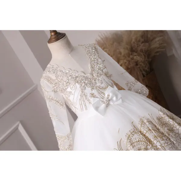 Chic / Belle Ivoire Transparentes Robe Ceremonie Fille 2019 Princesse V-Cou Manches Longues Noeud Ceinture Appliques En Dentelle Robe Pour Mariage Dos Nu Train De Balayage