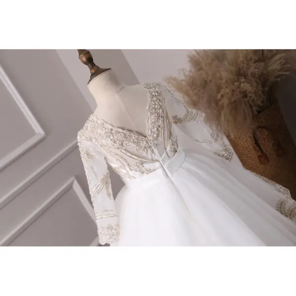 Chic / Belle Ivoire Transparentes Robe Ceremonie Fille 2019 Princesse V-Cou Manches Longues Noeud Ceinture Appliques En Dentelle Robe Pour Mariage Dos Nu Train De Balayage
