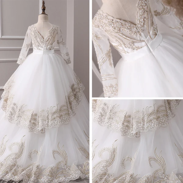 Chic / Belle Ivoire Transparentes Robe Ceremonie Fille 2019 Princesse V-Cou Manches Longues Noeud Ceinture Appliques En Dentelle Robe Pour Mariage Dos Nu Train De Balayage