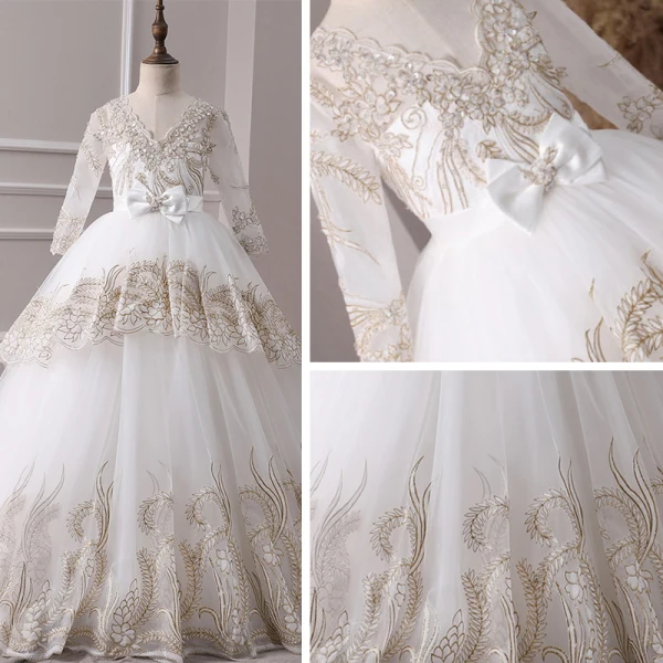 Chic / Belle Ivoire Transparentes Robe Ceremonie Fille 2019 Princesse V-Cou Manches Longues Noeud Ceinture Appliques En Dentelle Robe Pour Mariage Dos Nu Train De Balayage