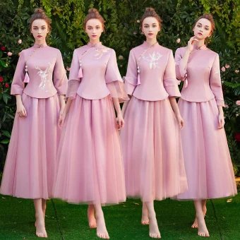 Chinese Style Candy Pink Bridesmaid Dresses 2019 A Line Princess High Neck 3 4 Sleeve Embroidered Tassel Tea Length Ruffle Wedding Party Dresses
