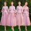 Chinese style Candy Pink Bridesmaid Dresses 2019 A-Line / Princess High Neck 3/4 Sleeve Embroidered Tassel Tea-length Ruffle Wedding Party Dresses