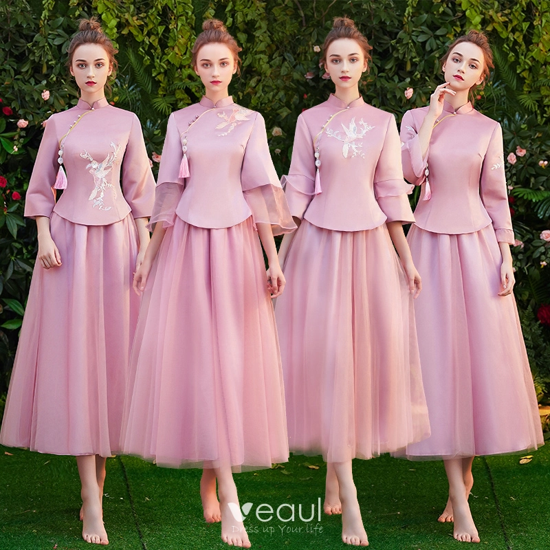 Chinese style Candy Pink Bridesmaid Dresses 2019 A-Line / Princess High Neck 3/4 Sleeve Embroidered Tassel Tea-length Ruffle Wedding Party Dresses