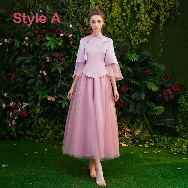 Chinese style Candy Pink Bridesmaid Dresses 2019 A-Line / Princess High Neck 3/4 Sleeve Embroidered Tassel Tea-length Ruffle Wedding Party Dresses