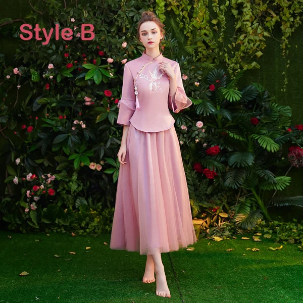 Chinese style Candy Pink Bridesmaid Dresses 2019 A-Line / Princess High Neck 3/4 Sleeve Embroidered Tassel Tea-length Ruffle Wedding Party Dresses