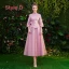 Chinese style Candy Pink Bridesmaid Dresses 2019 A-Line / Princess High Neck 3/4 Sleeve Embroidered Tassel Tea-length Ruffle Wedding Party Dresses