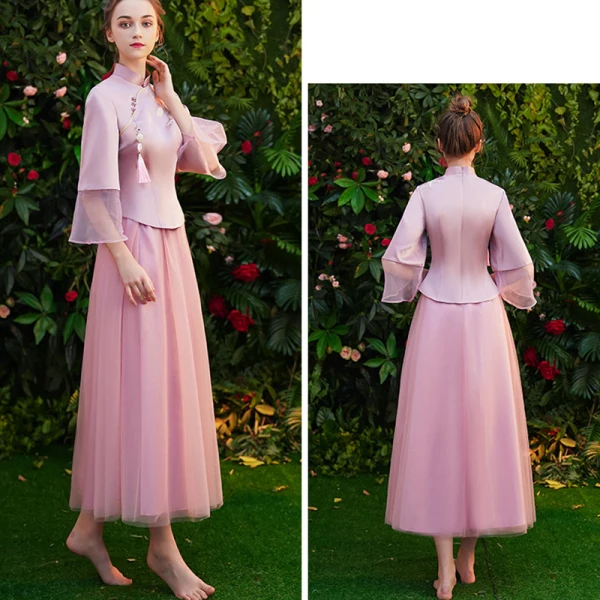 Chinese style Candy Pink Bridesmaid Dresses 2019 A-Line / Princess High Neck 3/4 Sleeve Embroidered Tassel Tea-length Ruffle Wedding Party Dresses