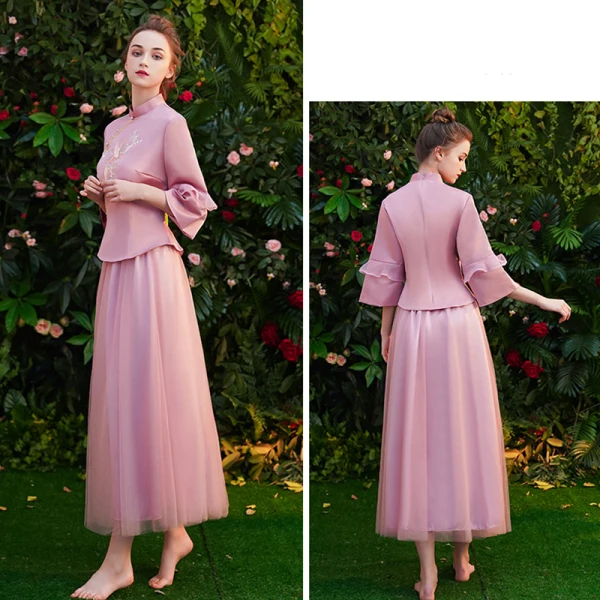 Chinese style Candy Pink Bridesmaid Dresses 2019 A-Line / Princess High Neck 3/4 Sleeve Embroidered Tassel Tea-length Ruffle Wedding Party Dresses