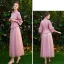 Chinese style Candy Pink Bridesmaid Dresses 2019 A-Line / Princess High Neck 3/4 Sleeve Embroidered Tassel Tea-length Ruffle Wedding Party Dresses
