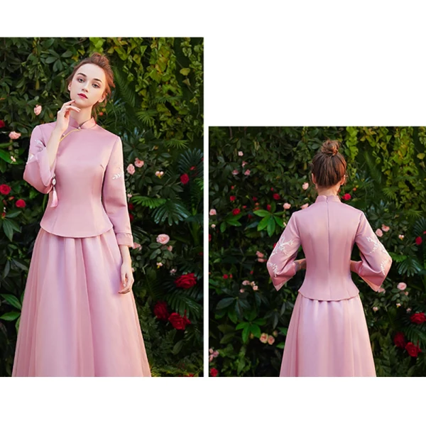 Chinese style Candy Pink Bridesmaid Dresses 2019 A-Line / Princess High Neck 3/4 Sleeve Embroidered Tassel Tea-length Ruffle Wedding Party Dresses