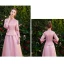 Chinese style Candy Pink Bridesmaid Dresses 2019 A-Line / Princess High Neck 3/4 Sleeve Embroidered Tassel Tea-length Ruffle Wedding Party Dresses