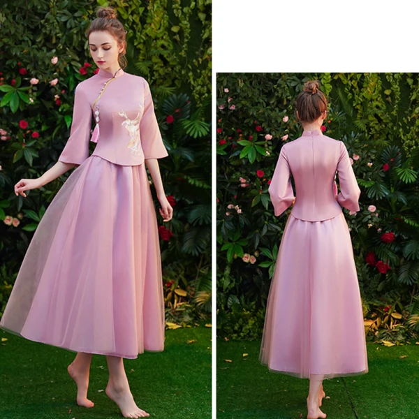 Chinese style Candy Pink Bridesmaid Dresses 2019 A-Line / Princess High Neck 3/4 Sleeve Embroidered Tassel Tea-length Ruffle Wedding Party Dresses