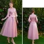 Chinese style Candy Pink Bridesmaid Dresses 2019 A-Line / Princess High Neck 3/4 Sleeve Embroidered Tassel Tea-length Ruffle Wedding Party Dresses