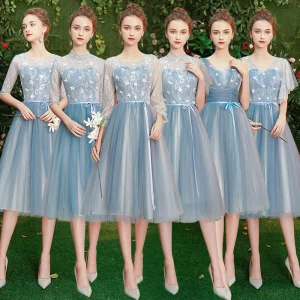 Affordable Sky Blue See Through Bridesmaid Dresses 2019 A Line Princess Sash Short Ruffle Backless Wedding Party Dresses