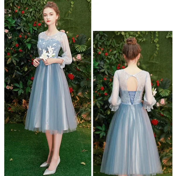 Erschwinglich Himmelblau Durchsichtige Brautjungfernkleider 2019 A Linie Stoffgürtel Kurze Rüschen Rückenfreies Kleider Für Hochzeit