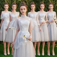 Erschwinglich Grau Brautjungfernkleider 2019 A Linie Applikationen Spitze Kurze Rüschen Rückenfreies Kleider Für Hochzeit