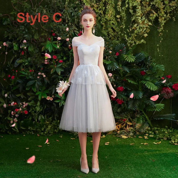 Affordable Grey Bridesmaid Dresses 2019 A-Line / Princess Appliques Lace Short Ruffle Backless Wedding Party Dresses